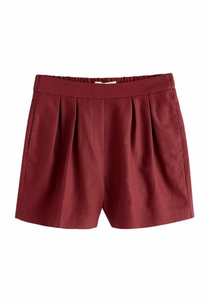 Dunkelrote Shorts mit hoher Taille, vorderen Falten, seitlichen Taschen und einem elastischen Bund hinten.