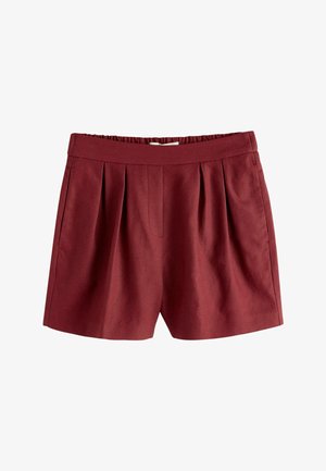 Dunkelrote Shorts mit hoher Taille, vorderen Falten, seitlichen Taschen und einem elastischen Bund hinten.