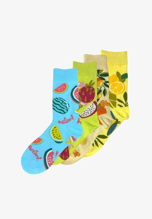 Buntes Set aus Baumwollsocken mit Fruchtmustern: hellblau mit Wassermelone, hellgrün mit Erdbeeren, beige mit abstrakten Früchten, gelb mit Zitrusfrüchten.