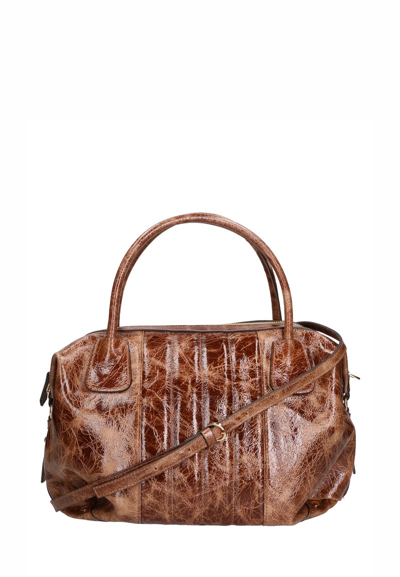 Borsa a mano in pelle marrone con finitura lucida, dotata di due manici e una tracolla staccabile. Design testurizzato con pieghe verticali.