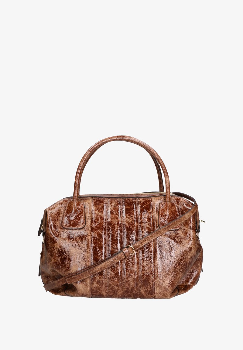 Borsa a mano in pelle marrone con finitura lucida, dotata di due manici e una tracolla staccabile. Design testurizzato con pieghe verticali.