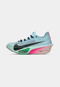 Light blue running shoe with a textured knit upper and black laces, featuring a gradient pink and green sole with "AIR ZOOM" detail.