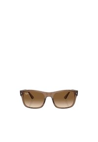 Occhiali da sole rettangolari marroni con lenti sfumate, montatura trasparente marrone e un marchio discreto sulle lenti. Design di forma quadrata.
