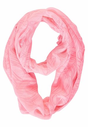 Blød lyserød infinity-halstørklæde med subtile abstrakte swirl-mønstre, letvægtsstof arrangeret i en løs løkke mod en hvid baggrund.