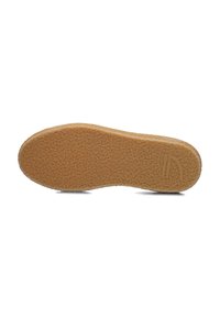 Sottopiede in gomma marrone con superficie texturizzata e un logo sottile in rilievo. Bordo arrotondato, progettato per comfort e durata.