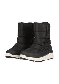 Schwarze gepolsterte Stiefel mit einer strukturierten Oberseite, weißer Gummisohle und leichtem Absatz. Verfügt über Nähdetails und ein seitliches Logo.
