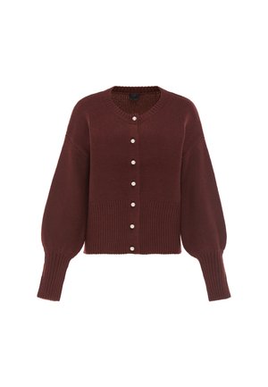 Brun strikket cardigan med lange puffede ærmer og perleagtige knapper foran, med ribstrikkede manchetter og kant.