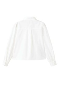 Chemise blanche à manches longues avec col boutonné, empiècement au dos, pli décoratif et poignets boutonnés. Texture lisse et design décontracté.