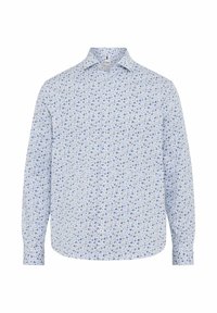Camicia a maniche lunghe con bottoni di colore azzurro chiaro, con un motivo floreale che presenta piccoli fiori blu e bianchi su sfondo bianco. Tessuto in cotone.