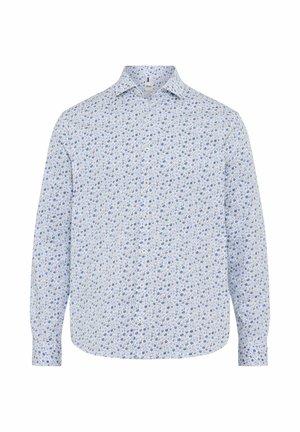 Camicia a maniche lunghe con bottoni di colore azzurro chiaro, con un motivo floreale che presenta piccoli fiori blu e bianchi su sfondo bianco. Tessuto in cotone.