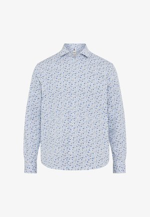 Chemise à manches longues boutonnée en bleu clair avec un motif floral comportant de petites fleurs bleues et blanches sur un fond blanc. Tissu en coton.