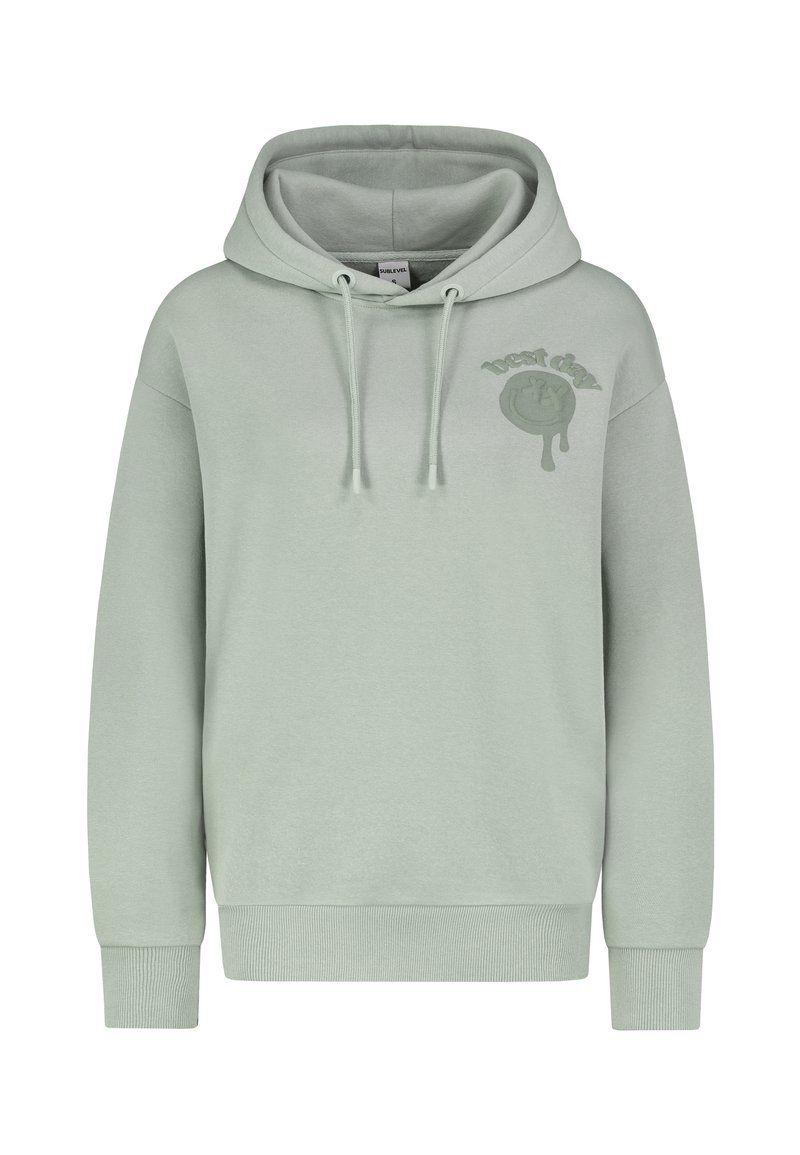 Lichtgroene hoodie van een zachte katoenmix, met een kangoeroezak, een capuchon met trekkoord en een "beste dag" logo met druppelontwerp.