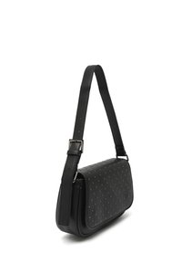 Black leather shoulder bag with a structured shape, featuring studded accents, a detachable strap, and a smooth texture.