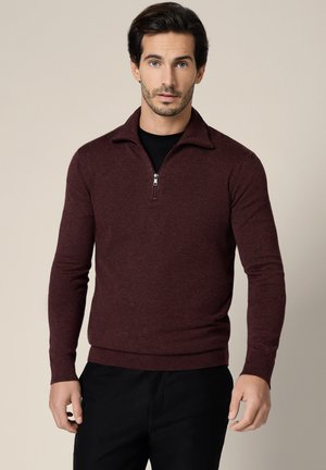 Mężczyzna o krótkich ciemnych włosach, ubrany w bordowy, długorękawowy sweter z półzamkiem na piersi, nałożony na czarną koszulę, stojący na beżowym tle.