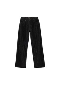 Jeans amplios negros con un acabado texturizado y brillante. Presenta bolsillos estándar, un cierre frontal con botón y un diseño de corte recto.