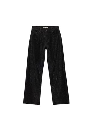 Sorte brede jeans med en tekstureret, blank overflade. Har standardlommer, frontlukning med knap og en lige pasform.