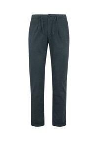 Dunkelgrüne Hose aus strukturiertem Stoff mit Kordelzug und Knopfverschluss, mit horizontalen Streifen und schmalem Schnitt.