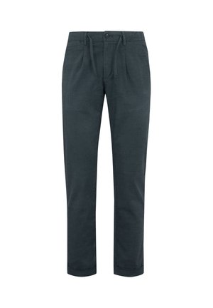 Pantalones de color verde oscuro hechos de una tela texturizada, con cordón y cierre de botón, que presentan rayas horizontales y un ajuste cónico.