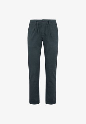 Dark green trousers made of textured fabric with a drawstring and button closure, featuring horizontal stripes and a tapered fit.