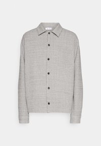 Camicia grigia con bottoni e maniche lunghe, caratterizzata da un tessuto strutturato, un colletto e bottoni neri lungo la parte anteriore. Design semplice e classico.