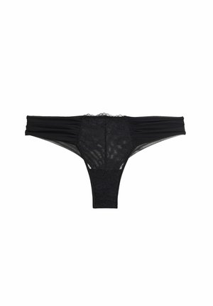 Zwarte stringonderbroek met een kanten voorkant, gladde stof aan de zijkanten en een delicate scalloped rand aan de tailleband.