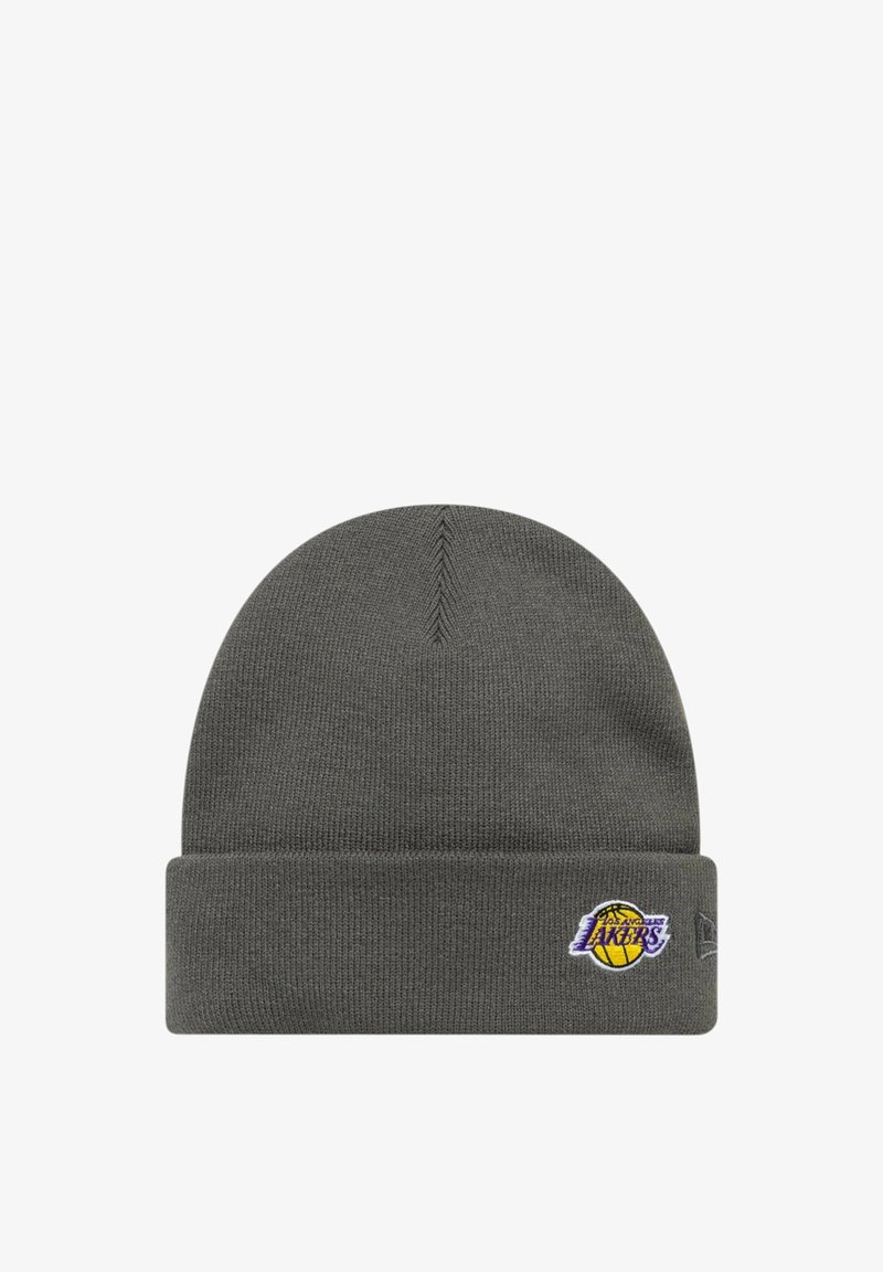 Bonnet en maille gris avec un revers plié présentant un petit logo brodé des Los Angeles Lakers en jaune, violet et blanc sur le devant.