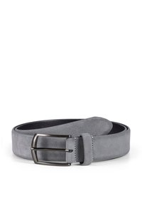 Gray suede belt with a smooth texture, featuring a polished silver-tone buckle and a matching keeper loop. Design includes a rounded end.