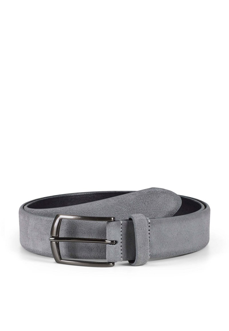 Gray suede belt with a smooth texture, featuring a polished silver-tone buckle and a matching keeper loop. Design includes a rounded end.