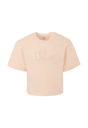 Maglietta cropped rosa chiaro in cotone morbido, con maniche corte e logo "Chloe" ricamato in un punto di colore contrastante.