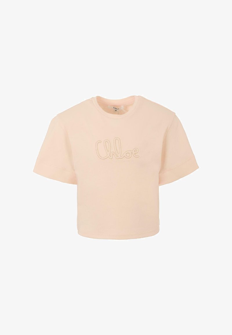 Jasnoróżowy krótki t-shirt wykonany z miękkiej bawełny, z krótkimi rękawami i haftowanym logo „Chloe” w kontrastowym ś stitchu.