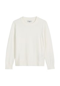 Witte trui met lange mouwen, gemaakt van een zacht materiaal. Heeft een ronde hals en geribbelde manchetten en zoom. Geen patronen of versieringen.