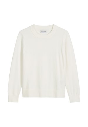 Biały sweter z długim rękawem wykonany z miękkiego materiału. Posiada okrągły dekolt oraz prążkowane mankiety i dół. Bez wzorów i ozdób.