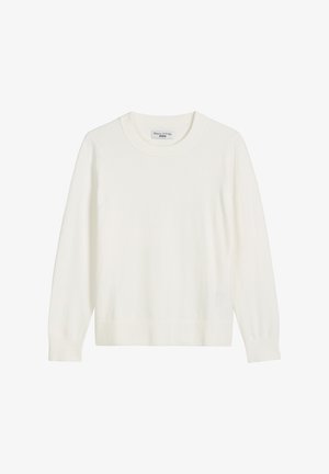 Biały sweter z długim rękawem wykonany z miękkiego materiału. Posiada okrągły dekolt oraz prążkowane mankiety i dół. Bez wzorów i ozdób.