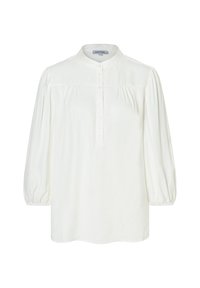 Weiße Bluse mit einem Mandarin-Kragen, langen Puffärmeln, einer durchgehenden Knopfleiste und subtilen Falten entlang der Brust. Glattes, leichtes Material.