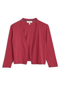Červený pletený kardigan s otevřeným předním dílem, dlouhými rukávy a texturovaným povrchem. Má ribovanou límc a lem, s jednobarevným provedením.