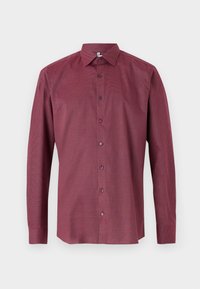 Chemise à manches longues bordeaux avec un motif à carreaux subtil, col boutonné et fermeture à boutons sur le devant. Fabriquée en tissu lisse et léger.
