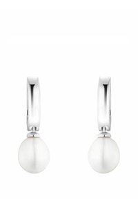 Silver hoops med släta, sfäriska vita pärlor som hänger ner, vilket framhäver en polerad yta och en minimalistisk design.