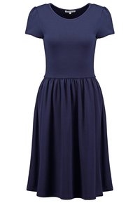 Robe à manches courtes bleu marine avec un col rond, un corsage ajusté et une jupe évasée, fabriquée dans un tissu doux au toucher.