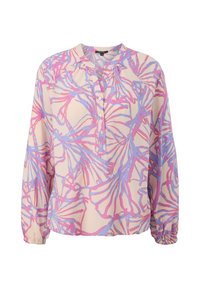 Blouse à manches longues en tissu beige clair, avec un motif floral abstrait en violet et rose, une patte de boutonnage et des manches froncées.