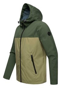 Hooded jacket featuring a two-tone design in dark green and khaki, made of smooth fabric, with a black zipper and side pocket.