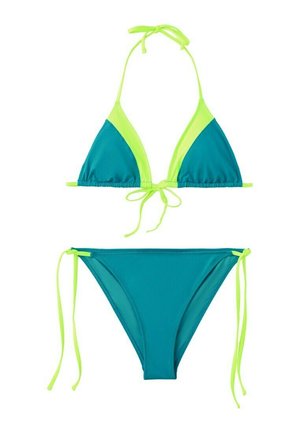 Bikini a due pezzi con top a triangolo turchese e slip, caratterizzato da rifiniture verde neon e stringhe regolabili da annodare su collo, schiena e fianchi.