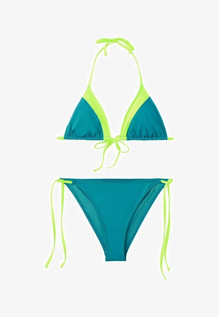 Bikini deux pièces avec haut triangle teal et bas assorti, ornés de bordures vert néon et de cordons ajustables au cou, au dos et aux hanches.