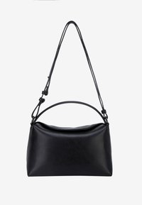 Sac à épaule rectangulaire en cuir noir avec deux poignées, une courte et une longue bandoulière réglable, présenté sur fond blanc.
