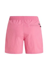 Roze shorts met elastische taille en een klein ritsvak aan de rechter achterzijde, gemaakt van lichtgewicht stof.