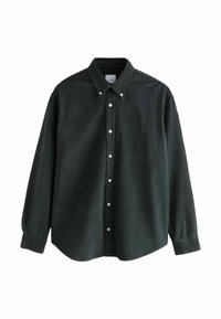 Dark green long-sleeve button-up shirt with button-down collar and white buttons, displayed flat on a white background.
