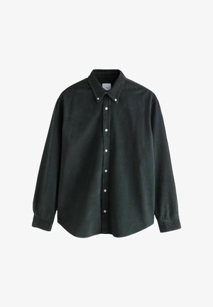 Chemise à manches longues vert foncé avec un col boutonné et des boutons blancs, présentée à plat sur un fond blanc.