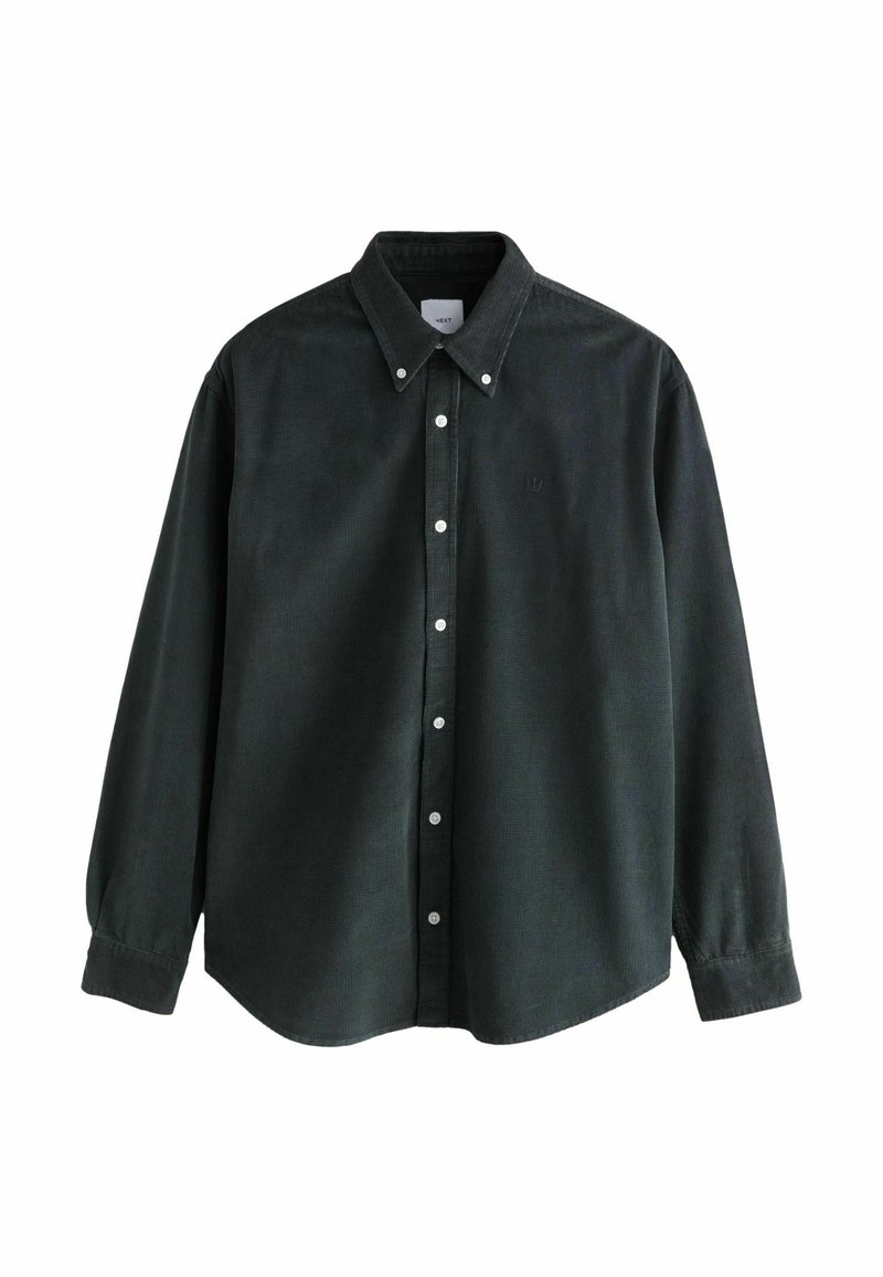 Dark green long-sleeve button-up shirt with button-down collar and white buttons, displayed flat on a white background.