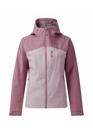 Tweekleurige roze waterdichte damesjas met capuchon, voorrits, borstzak en zijritszakken, vooraanzicht op witte achtergrond.