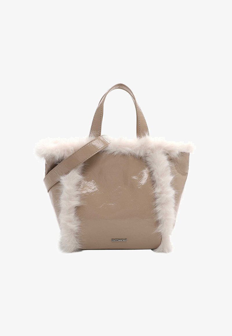 Beige patent leather tote bag with fluffy white trim, dual handles, and a detachable strap. Features a subtle logo on the front.