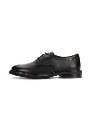 Black leather men's dress shoe with lace-up front, low heel, and smooth finish shown from the side on white background.